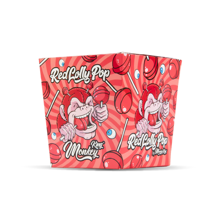 Red Lolly Pop packaging with cartoon monkey design on a white background
