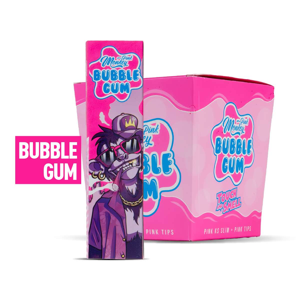 Pink bubble gum packaging with cartoon character on a white background