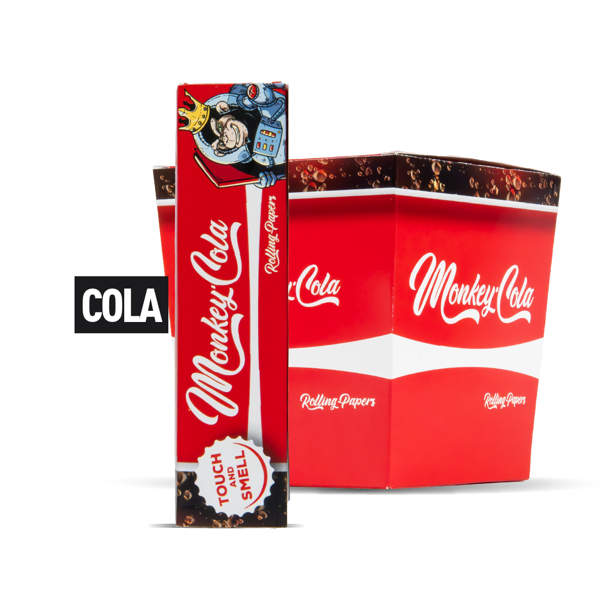 Red packaging of Monkey Cola rolling papers with brand logo and text on a white background