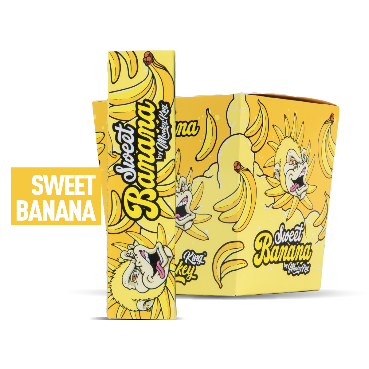 Yellow packaging with cartoon characters and 'Sweet Banana' text on a white background