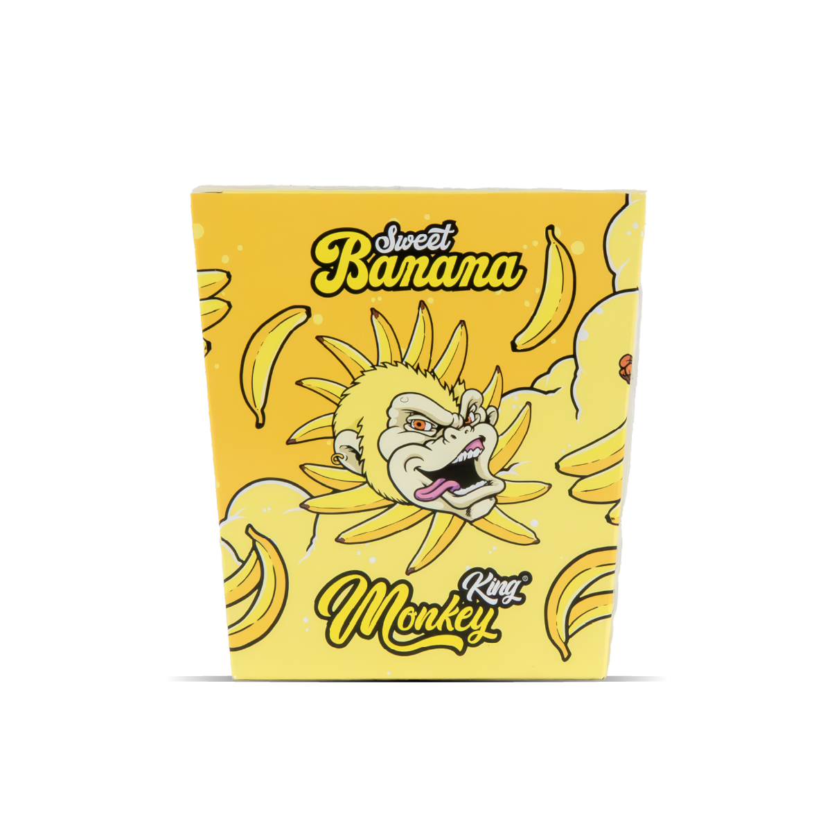 Yellow packaging with cartoon monkey and banana design, featuring the text 'Sweet Banana' and 'Monkey King'.