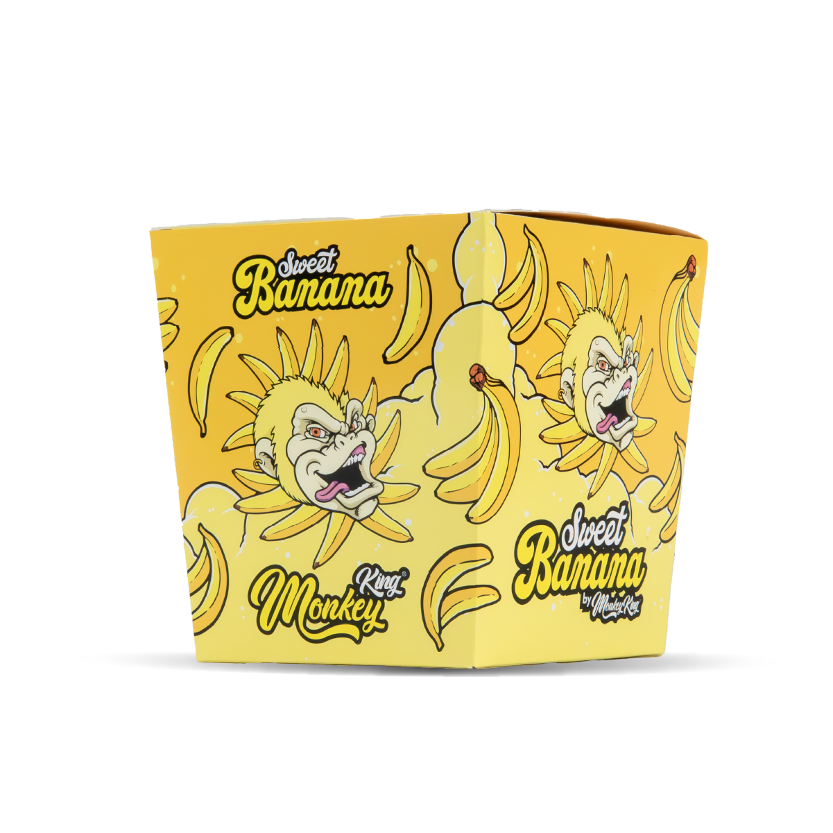 Yellow ice cream container with cartoon monkey and banana design on a white background