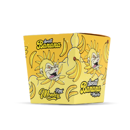 Yellow ice cream container with cartoon monkey and banana design on a white background