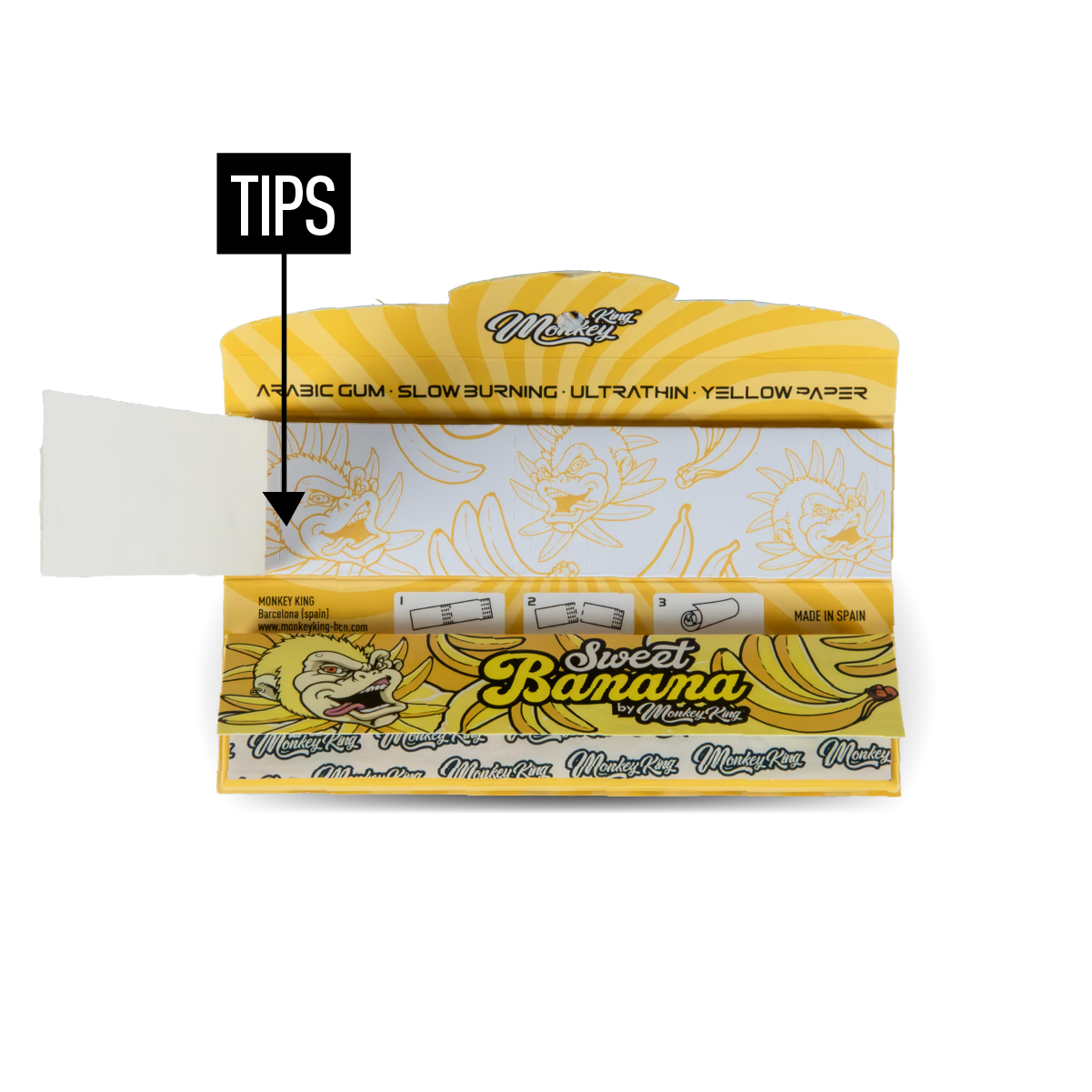 Pack of Sweet Banana rolling paper with a close-up of tips on a white background
