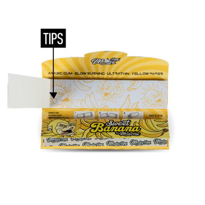 Pack of Sweet Banana rolling paper with a close-up of tips on a white background