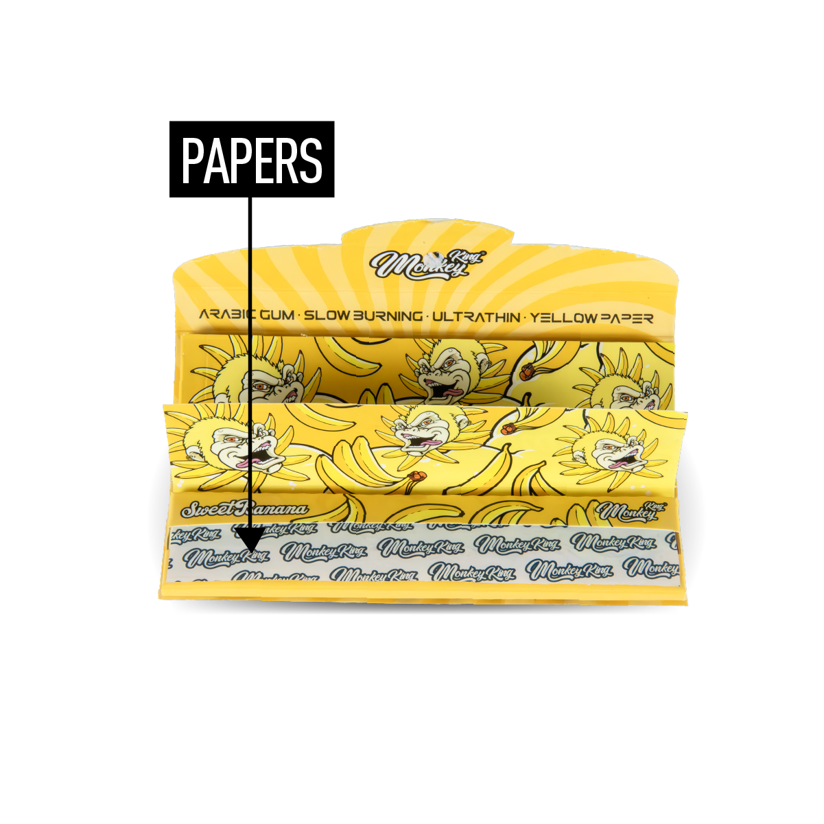 Yellow rolling paper pack with banana design and 'Papers' branding on a white background
