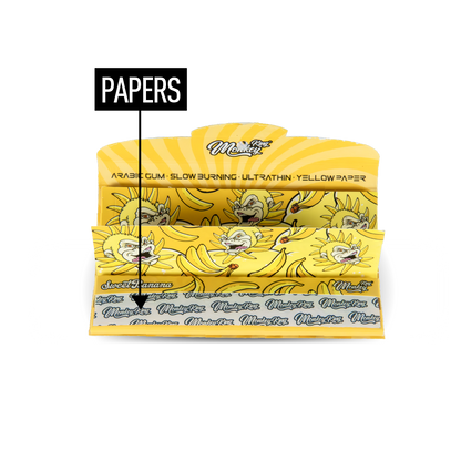 Yellow rolling paper pack with banana design and 'Papers' branding on a white background
