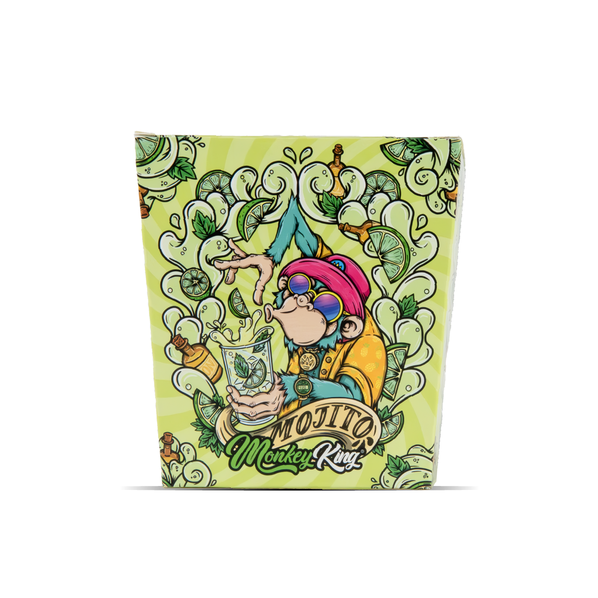 Colorful packaging with a cartoon character holding a drink, featuring the brand 'Monkey King'.