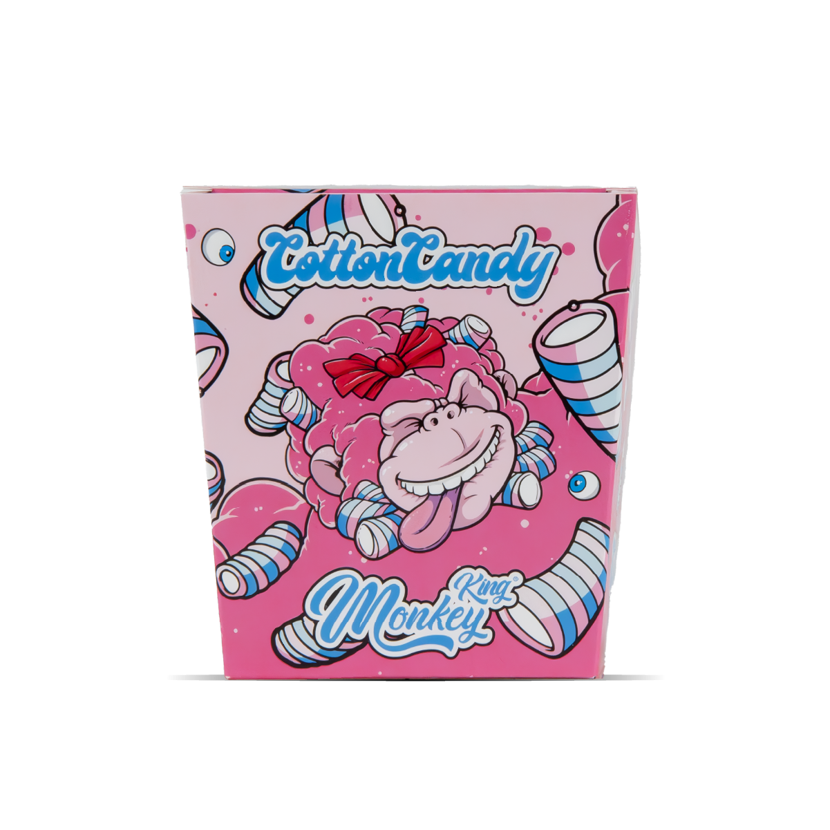 Pink packaging with cartoon character and 'Cotton Candy King Monkey' text on a white background