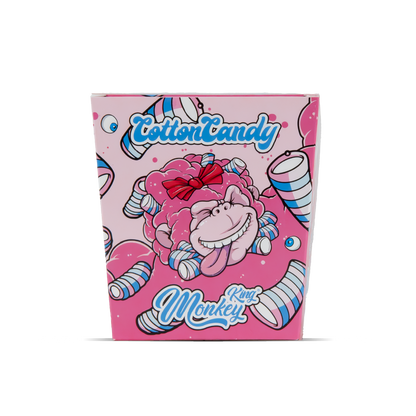 Pink packaging with cartoon character and 'Cotton Candy King Monkey' text on a white background