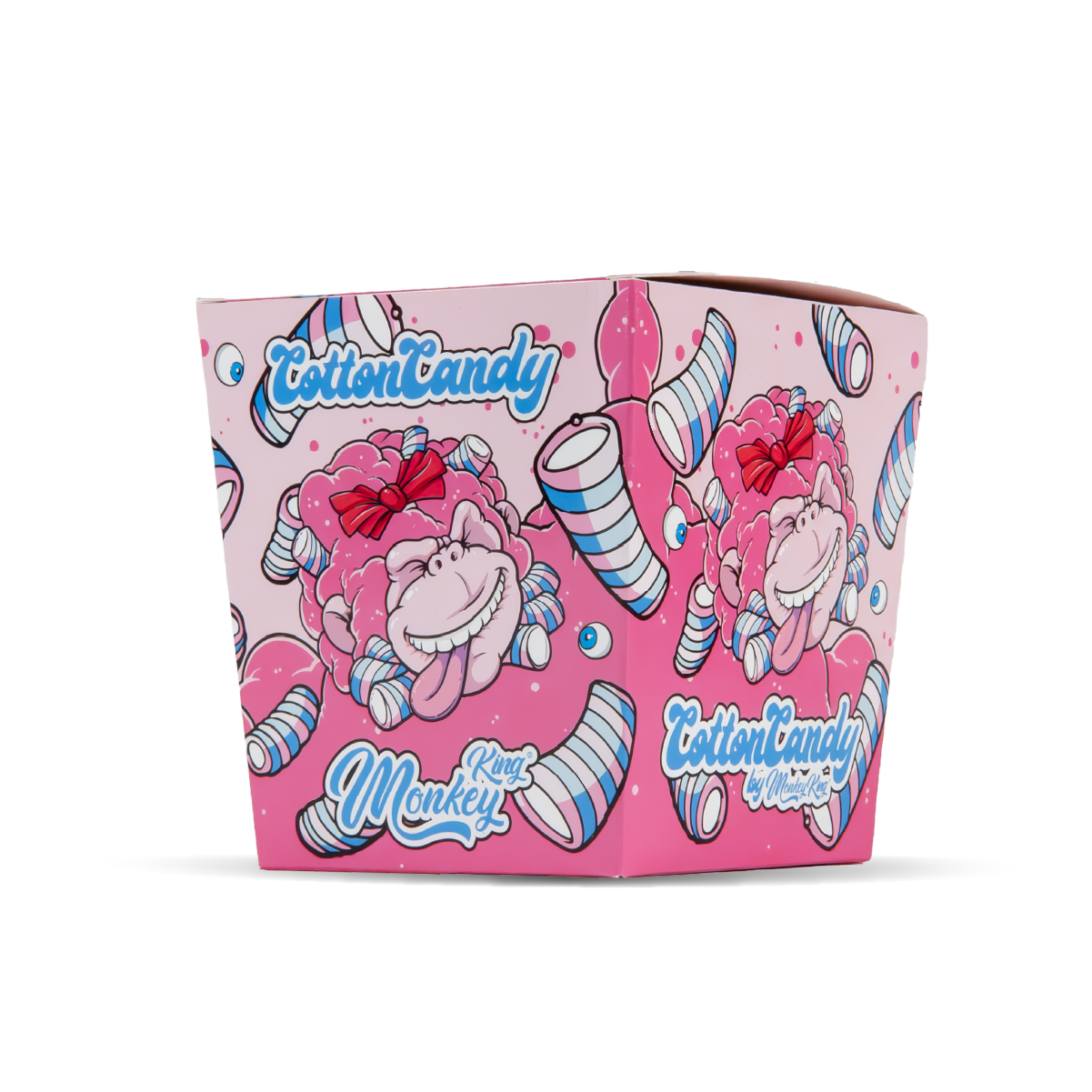 Pink packaging with candy-themed design and 'Cotton Candy' branding on a white background