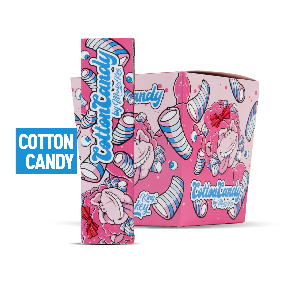 Cotton Candy-themed product packaging with cartoon characters on a white background