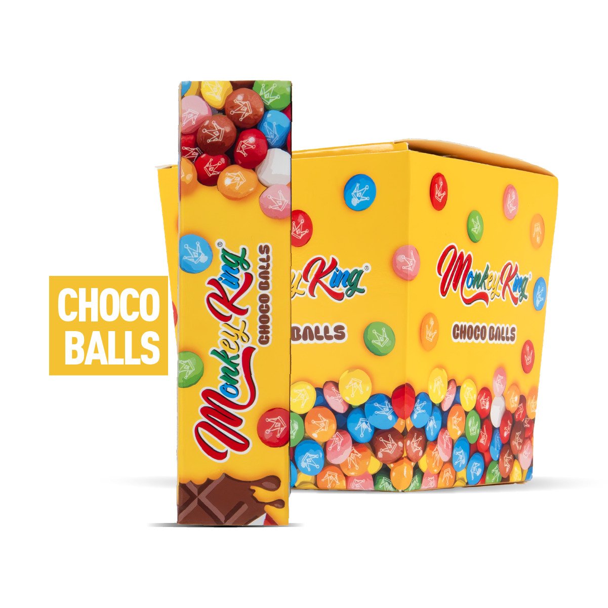 Yellow box of Monkey Kiny Choco Balls with colorful candy balls on a white background