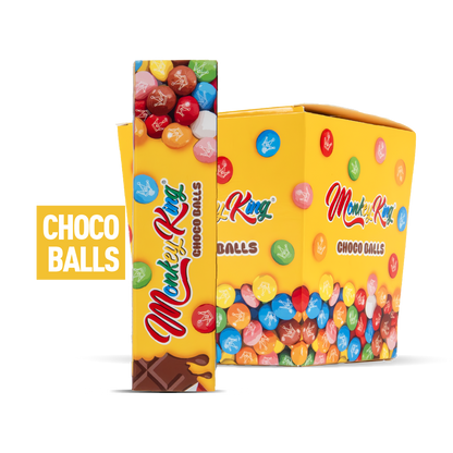 Yellow box of Monkey Kiny Choco Balls with colorful candy balls on a white background