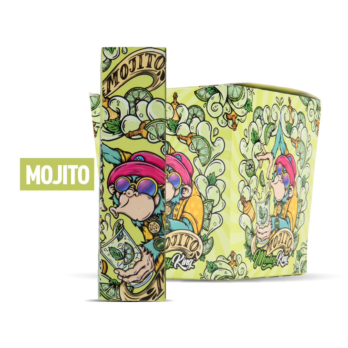 Colorful Mojito-themed packaging with cartoon character on a white background