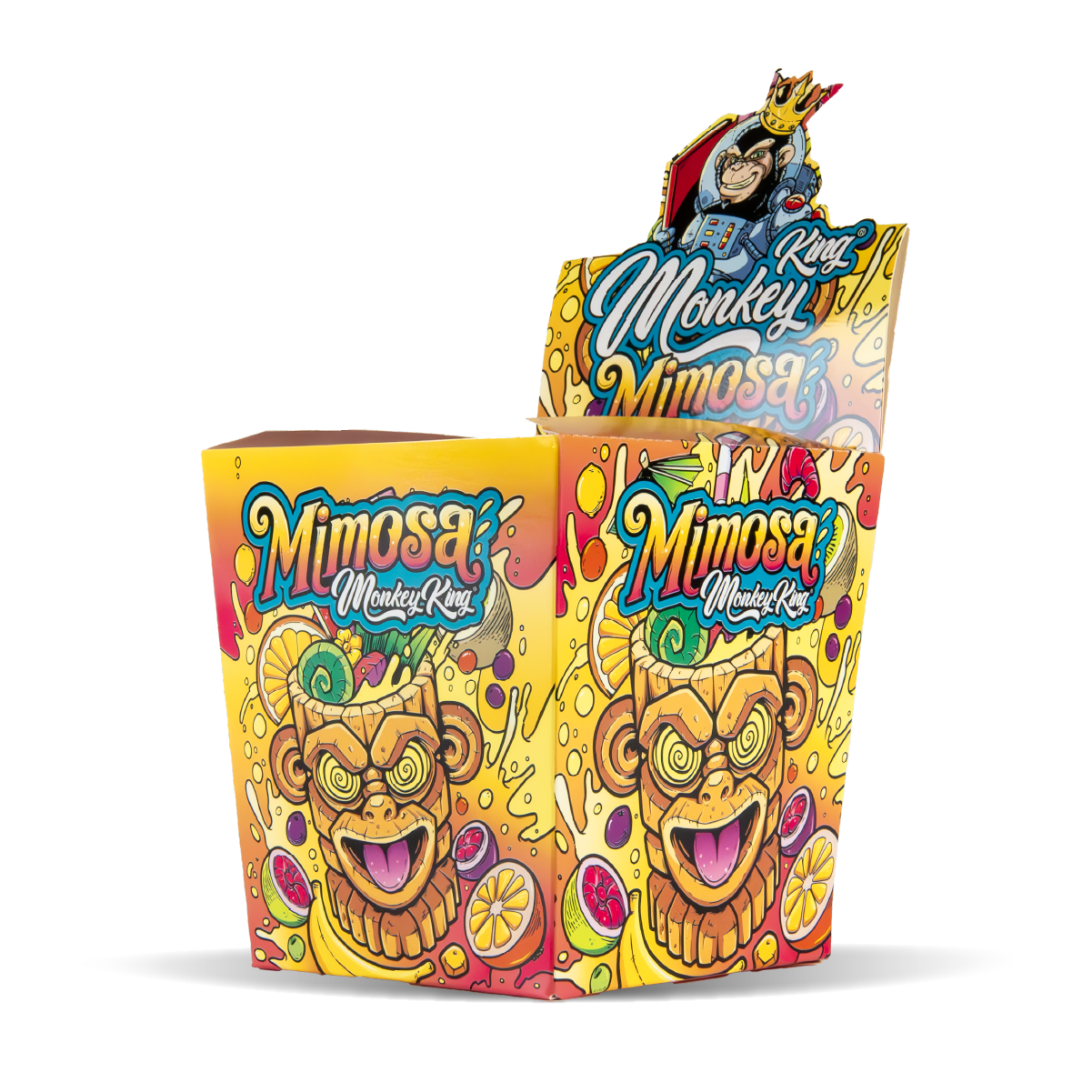 Colorful packaging with 'Monkey King Mimosa' branding on a white background