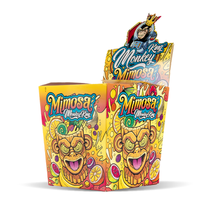 Colorful packaging with 'Monkey King Mimosa' branding on a white background