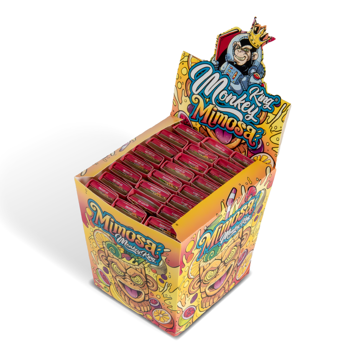 Colorful box of King Monkey Mimosa drinks with a cartoon monkey character on top.
