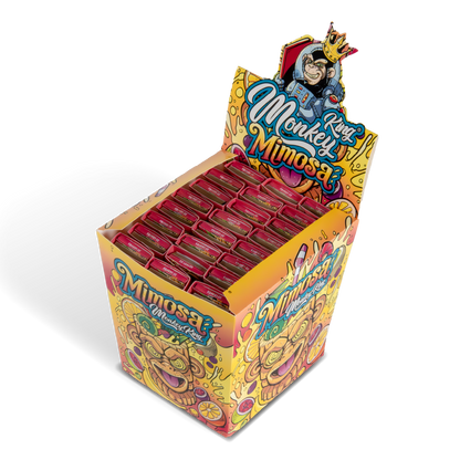 Colorful box of King Monkey Mimosa drinks with a cartoon monkey character on top.