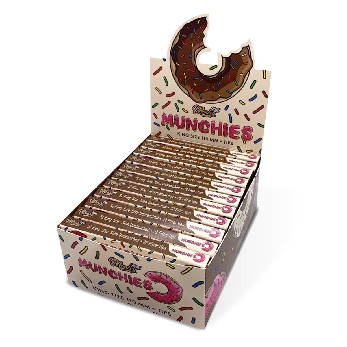 Box of Munchies rolling paper with a chocolate donut design on a white background