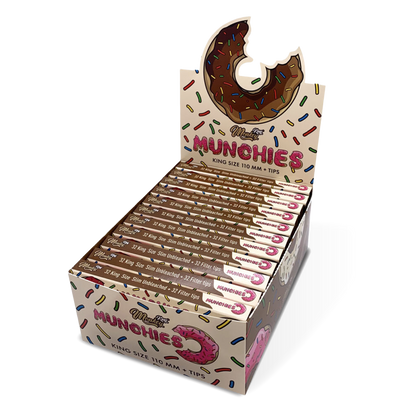 Box of Munchies rolling paper with a chocolate donut design on a white background