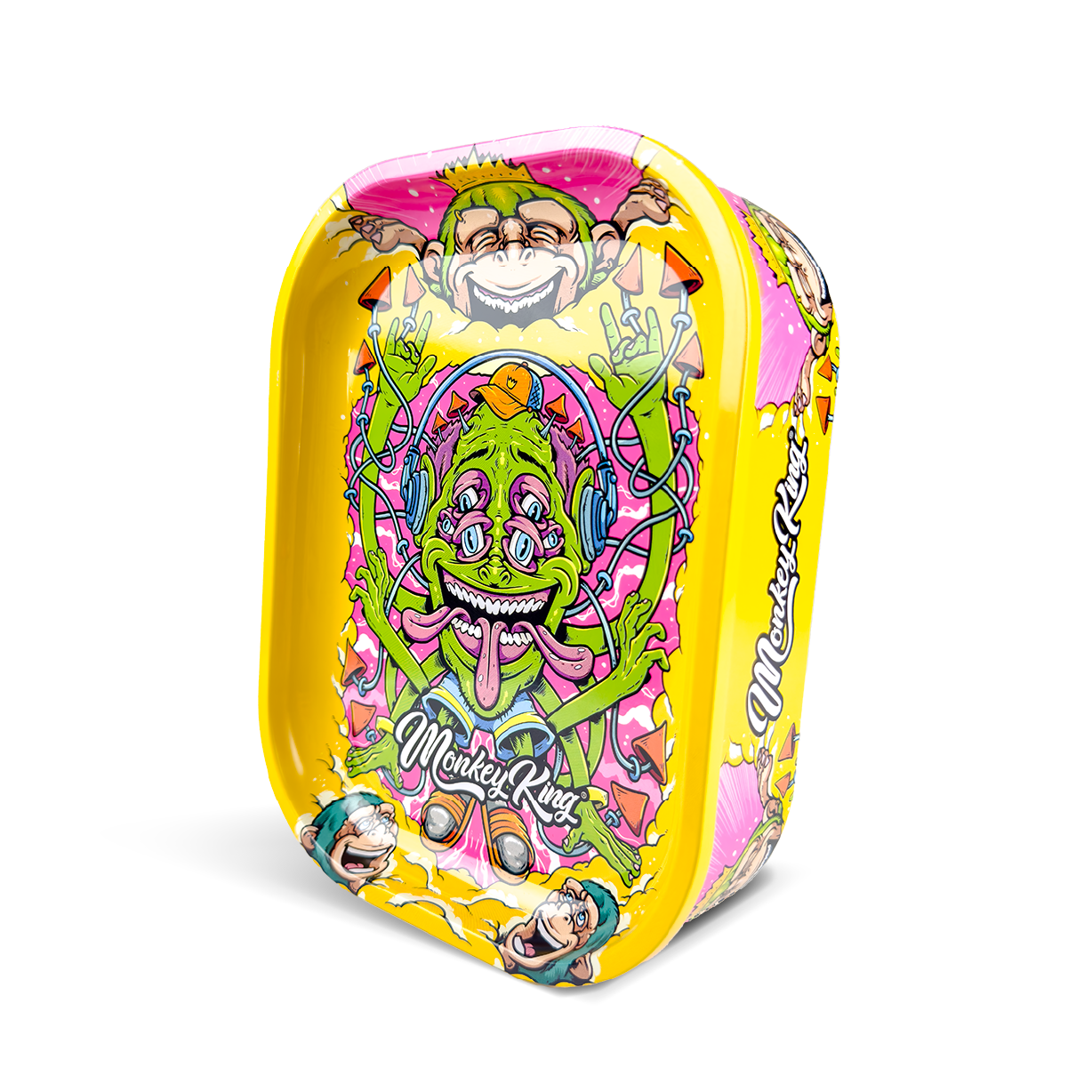 Colorful rolling tray with cartoon monkey design on a white background