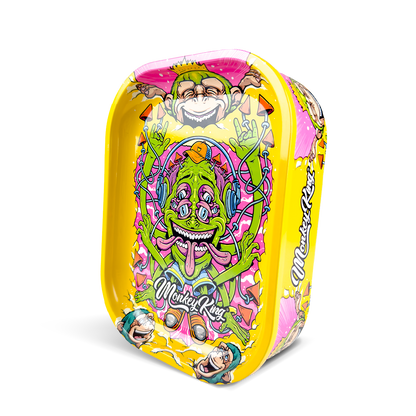 Colorful rolling tray with cartoon monkey design on a white background