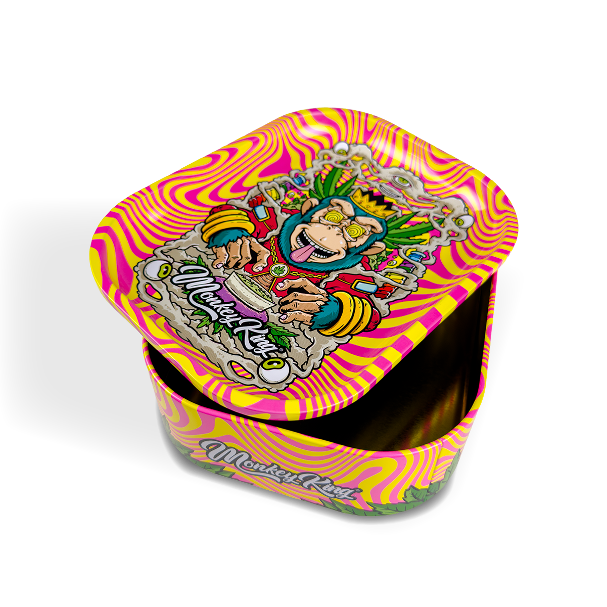 Colorful tin box with cartoon character design on a white background