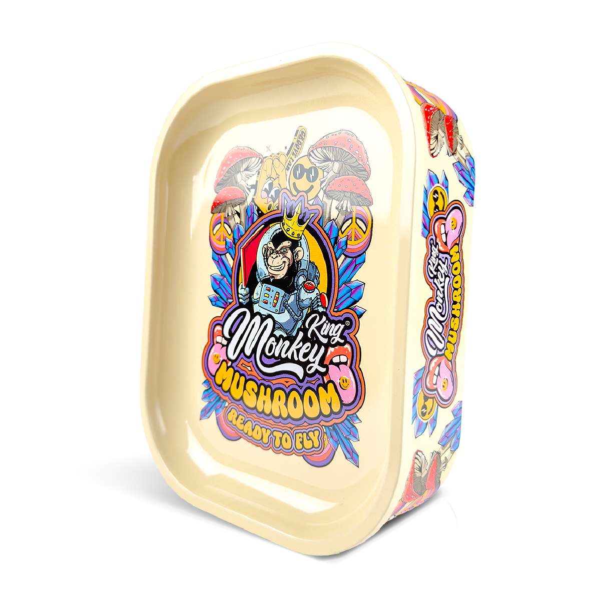 Colorful rolling tray with cartoon character and 'Monkey King Mushroom' text on a white background
