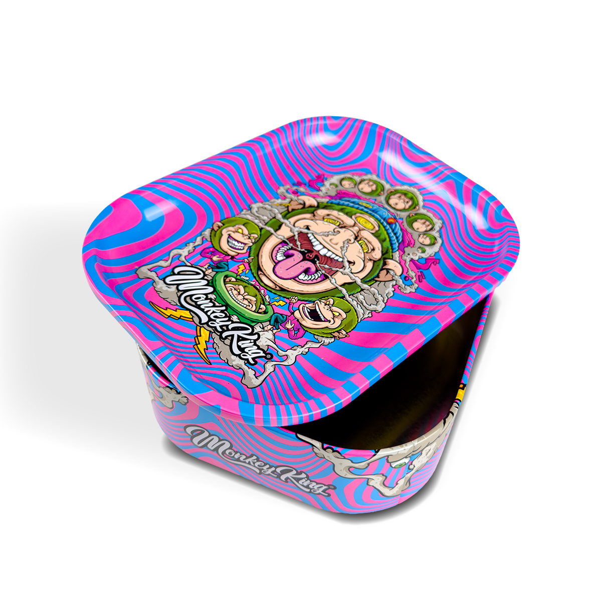 Colorful tin container with cartoon design on a white background