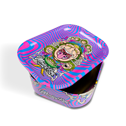 Colorful tin container with cartoon design on a white background
