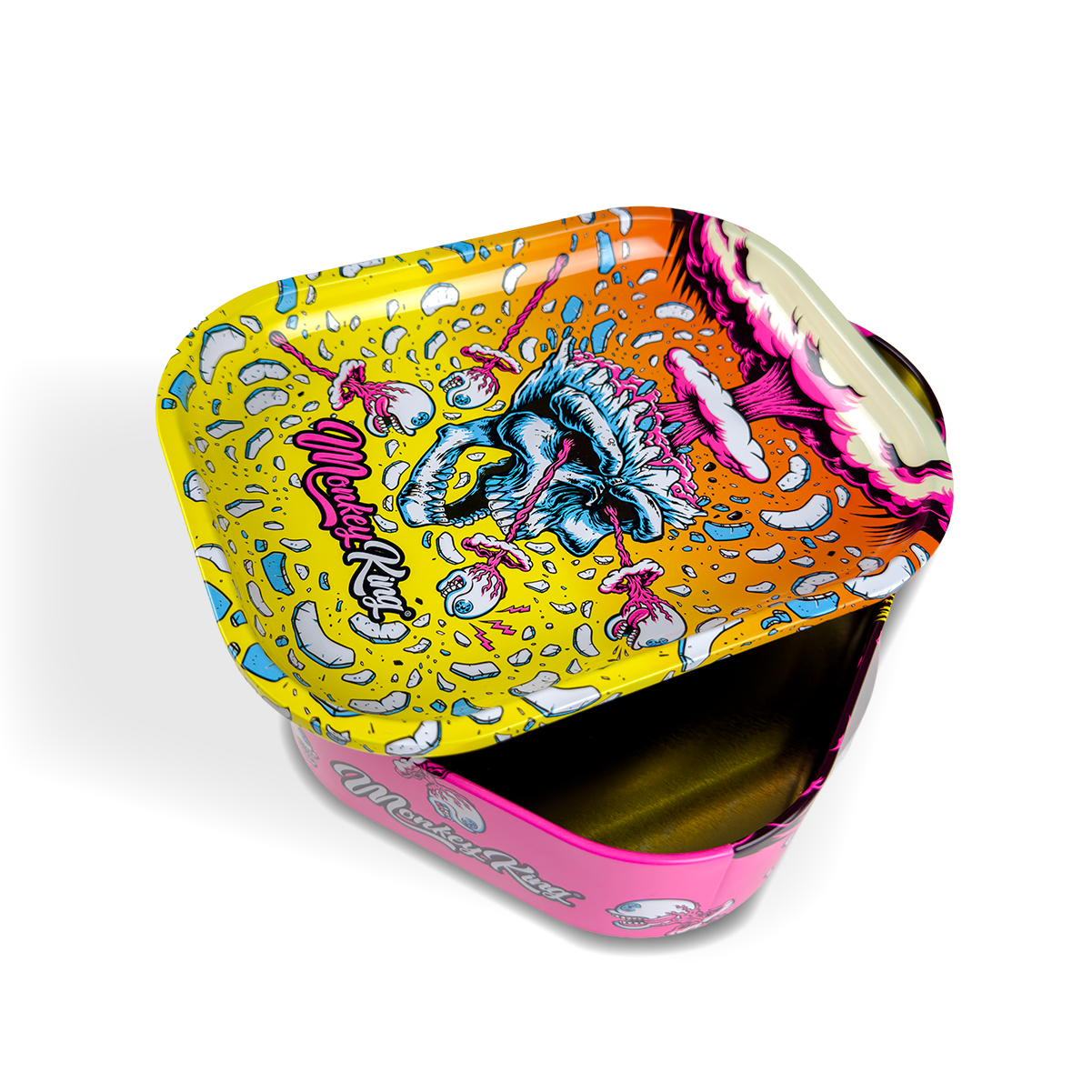 Colorful tin with a cartoon design on a white background
