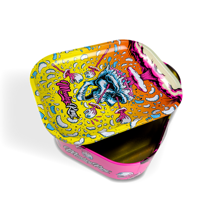 Colorful tin with a cartoon design on a white background