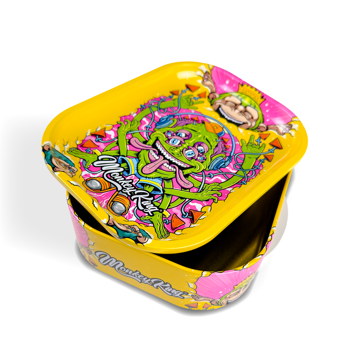 Colorful tin container with a cartoon monkey design on a white background