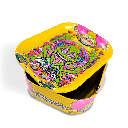 Colorful tin container with a cartoon monkey design on a white background