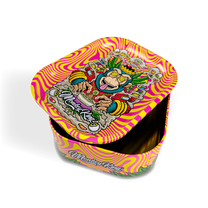 Colorful tin box with cartoon character design on a white background