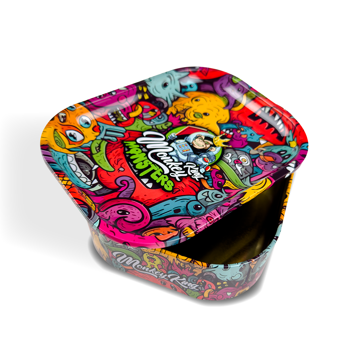 Colorful tin box with cartoon monster design on a white background