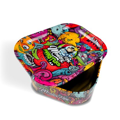Colorful tin box with cartoon monster design on a white background