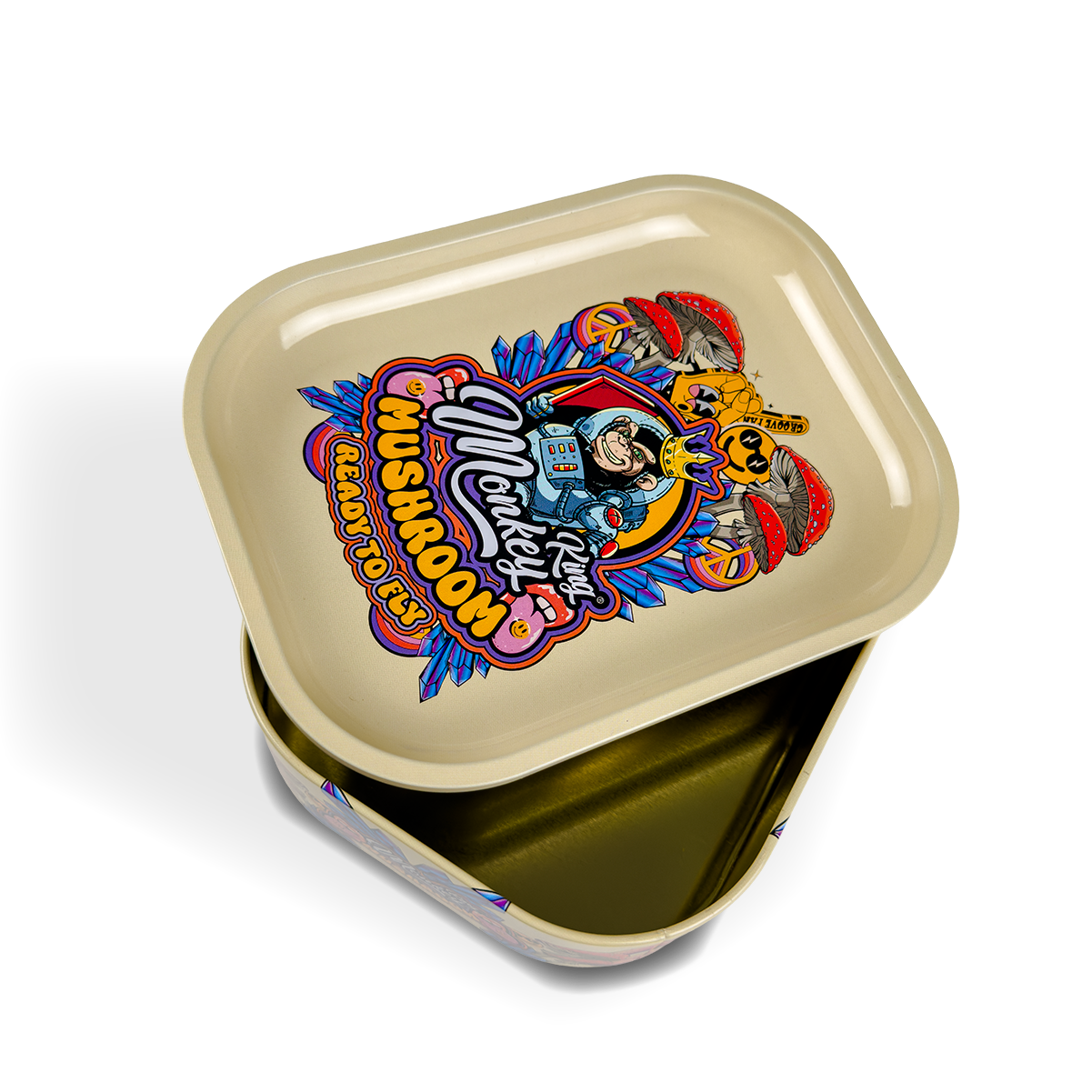 Colorful cannabis packaging with brand logo on a white background