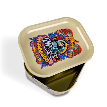 Colorful cannabis packaging with brand logo on a white background