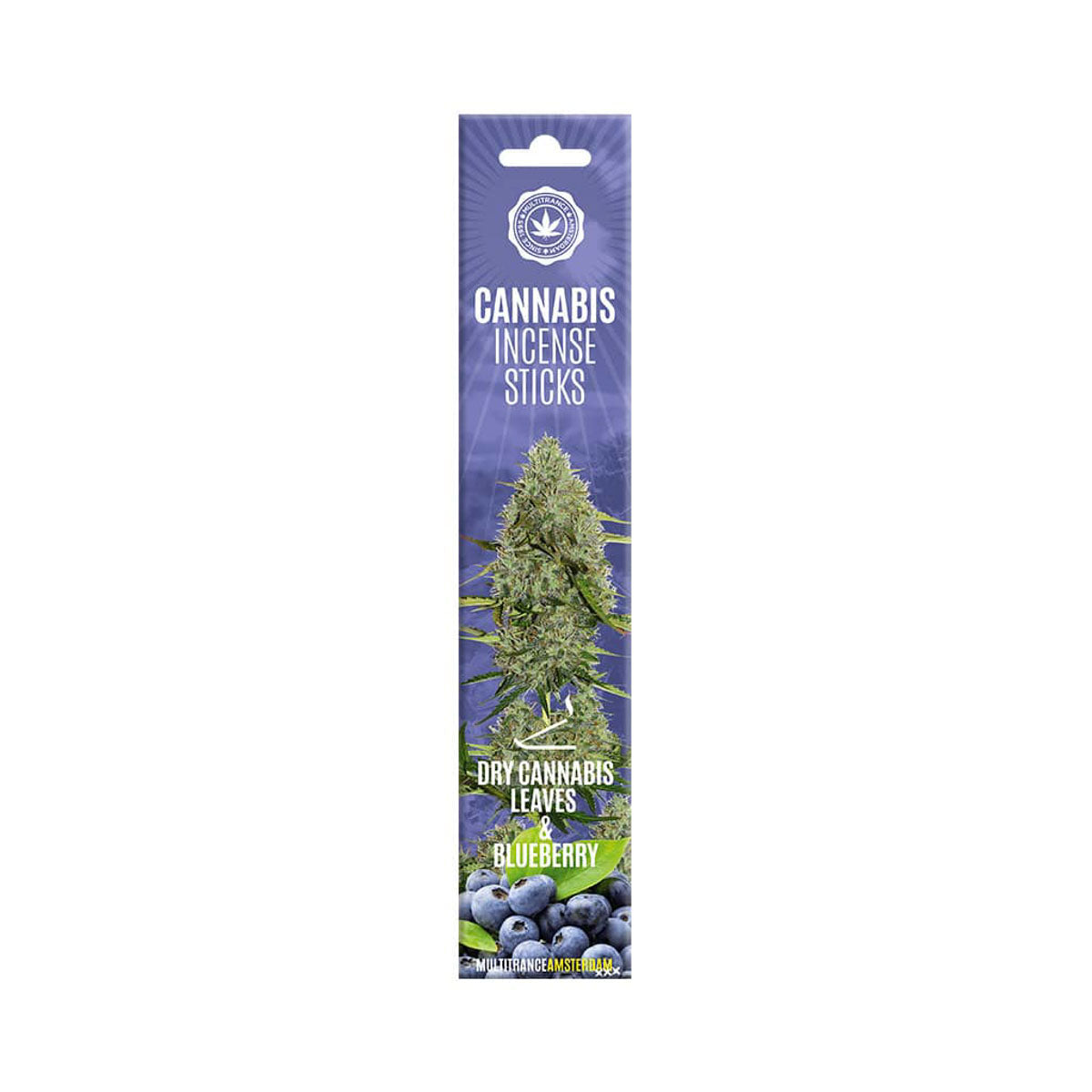 Pack of cannabis incense sticks with packaging featuring a tree and blueberries on a white background