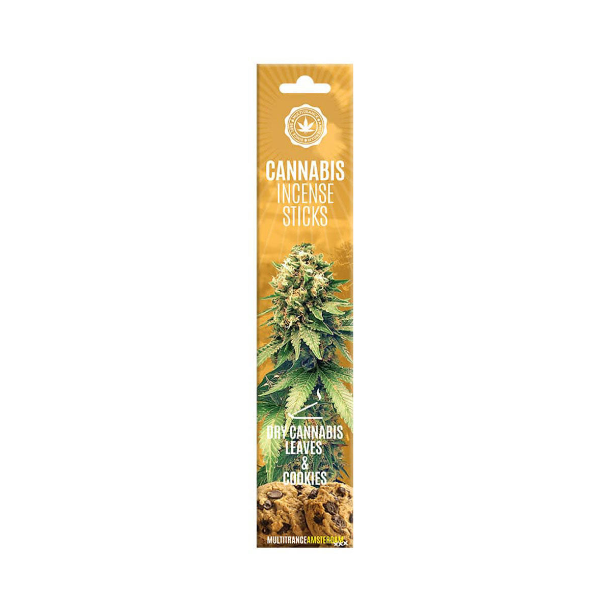 Pack of cannabis incense sticks with branding and product details on a white background