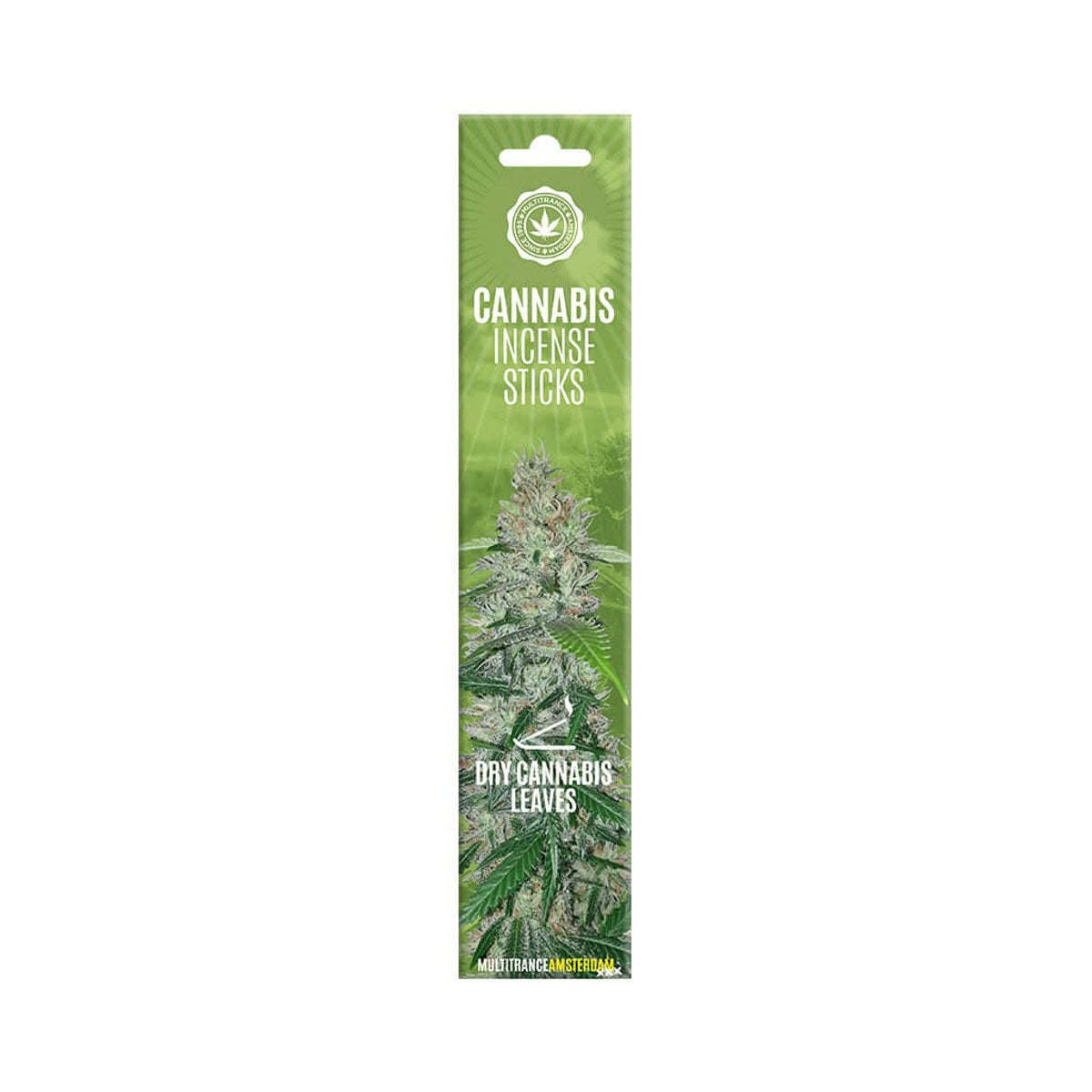Pack of cannabis incense sticks with green packaging and leaf design on a white background