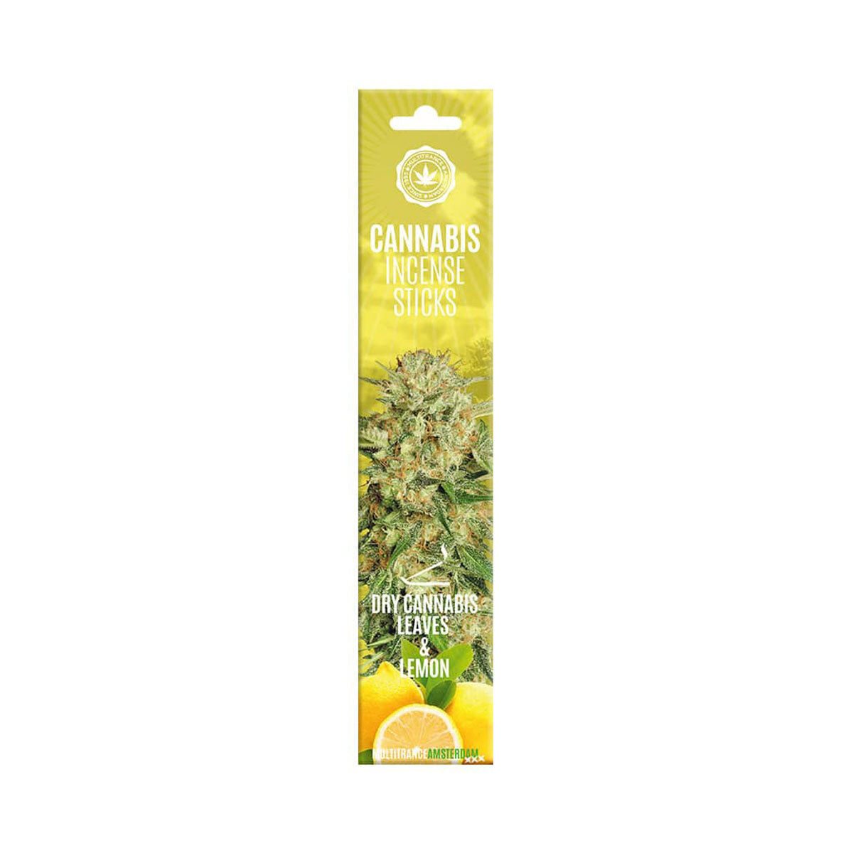 Pack of cannabis incense sticks with lemon flavor on a white background