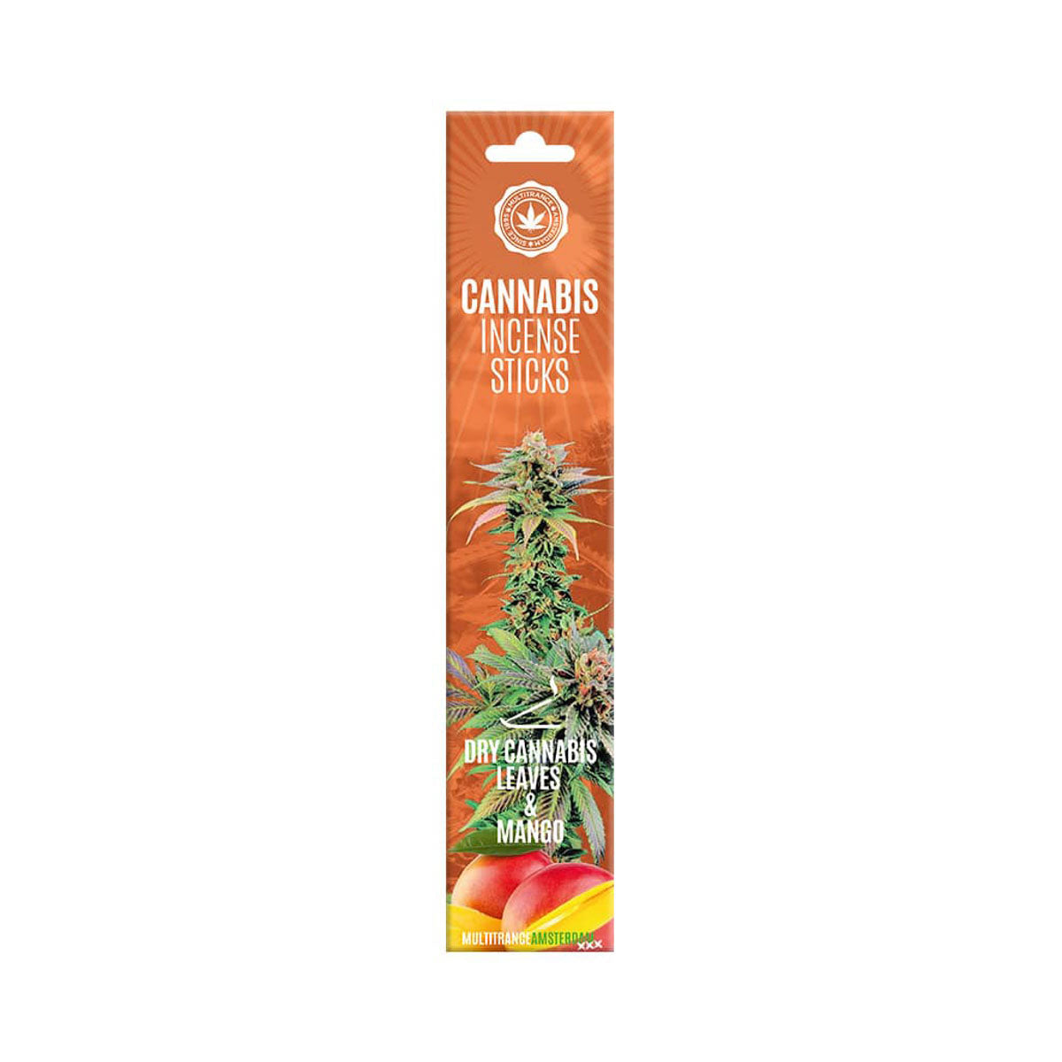 Pack of cannabis incense sticks with mango flavor on a white background