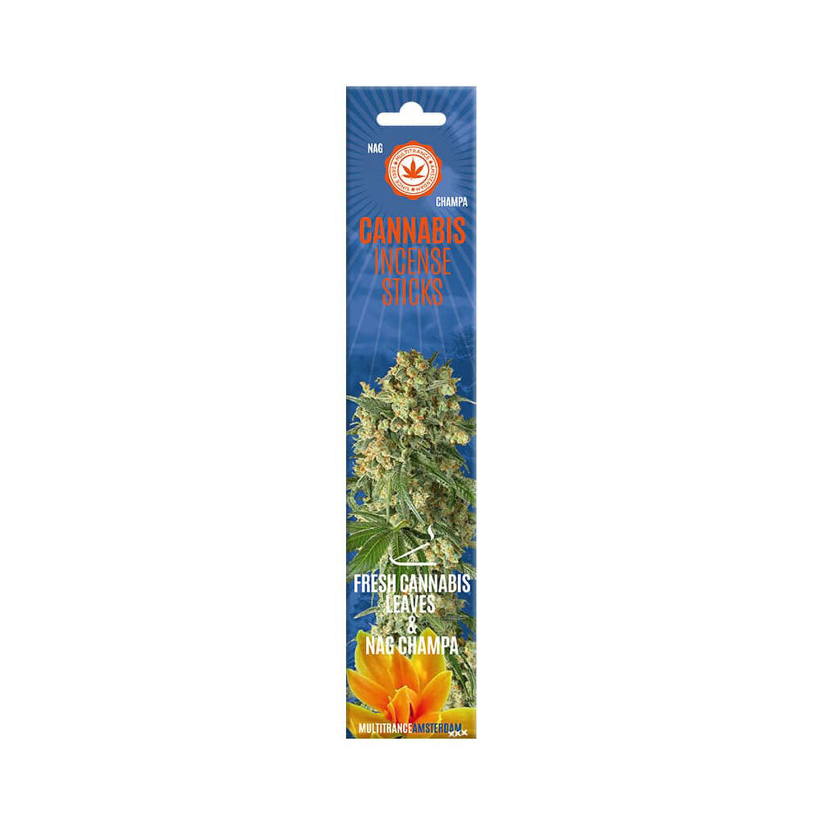 Pack of cannabis incense sticks with branding and product imagery on a white background