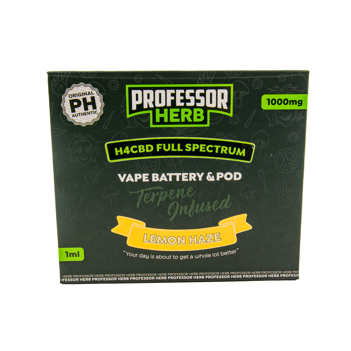 Professor Herb H4CBD Full Spectrum vape battery & pod packaging with lemon haze flavor on a white background.
