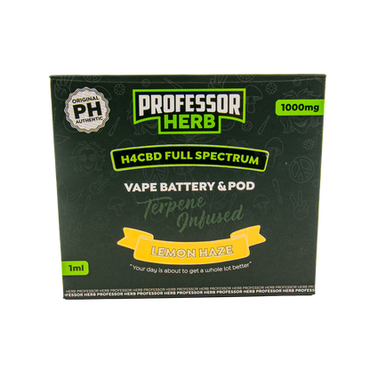 Professor Herb H4CBD Full Spectrum vape battery & pod packaging with lemon haze flavor on a white background.