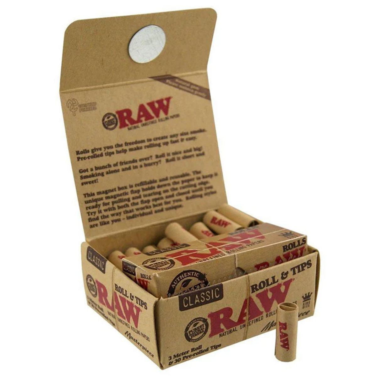 Open box of RAW rolling paper with multiple packs on a white background