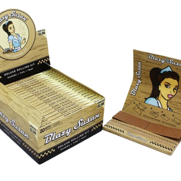 Blazy Susan Brown Deluxe Kit (King Size Rolling Papers with Tips & Tray) — 20pcs Full Box